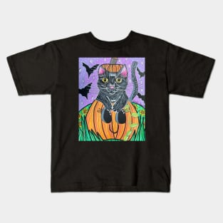 Black Cat in Pumpkin Kids T-Shirt